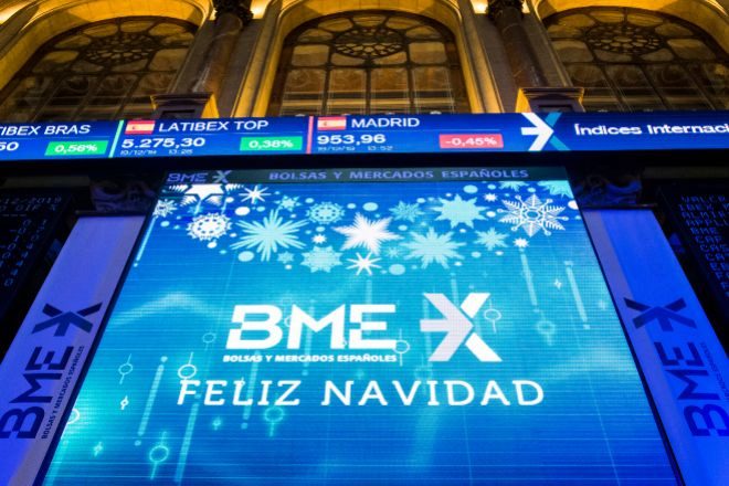 Imagen de archivo de un mensaje navideño en la Bolsa de Madrid