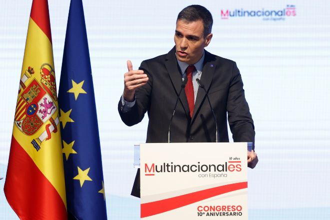 El presidente del Gobierno, Pedro Sánchez, hoy durante la clausura el Congreso Anual de Multinacionales con España.