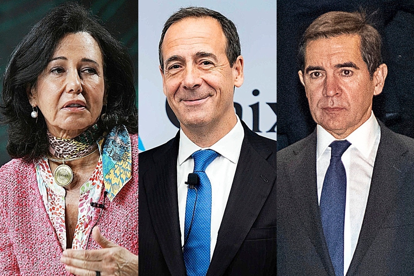 Ana Botín, presidenta de Santander; Gonzalo Gortázar, CEO de CaixaBank, y Carlos Torres, presidente de BBVA.