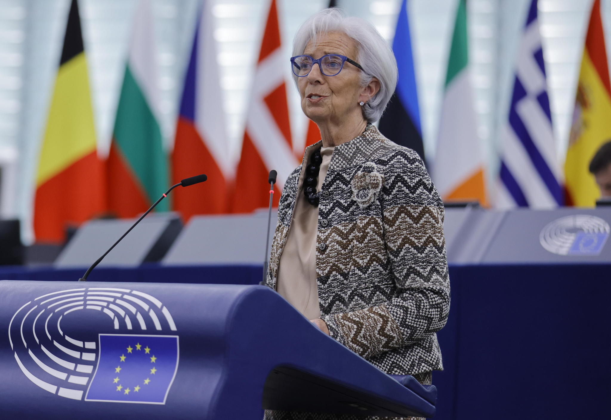 Christine Lagarde, presidenta del Banco Central Europeo hoy en su intervención.