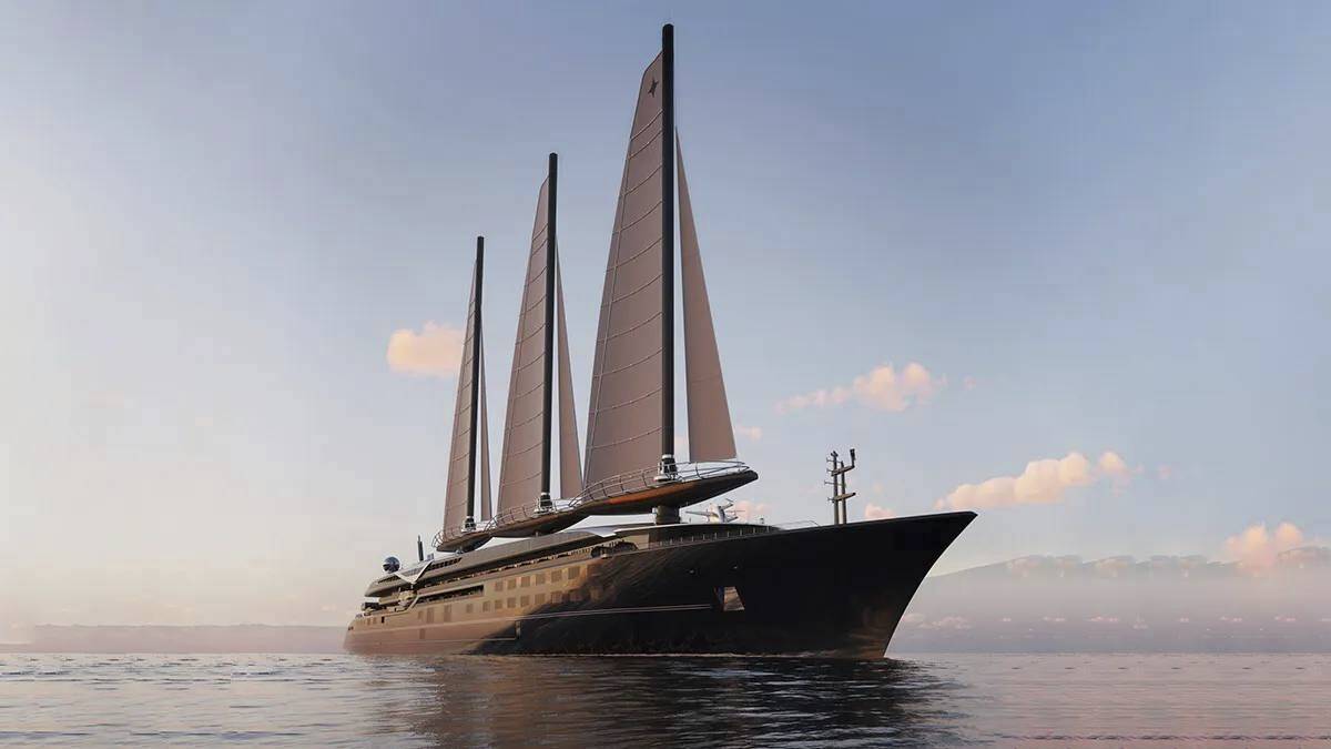 Imagen del Orient Express Silenseas zarpará en la primavera de 2026 y promete ser, según su propietario el grupo Accor, el velero más grande del mundo.