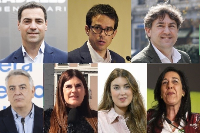 stos son los candidatos a lehendakari de los principales partidos. De izquierda a derecha, y de arriba abajo: Imanol Pradales (PNV), Pello Otxandiano (EH Bildu), Eneko Andueza (PSE-EE), Javier de Andrs (PP), Miren Gorrotxategi (Elkarrekin Podemos), Alba Garca (Sumar) y Amaya Martnez (Vox).