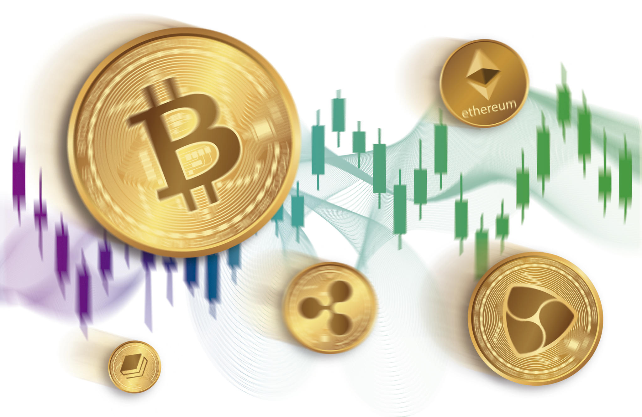 Montaje con monedas de bitcoin y cotizaciones