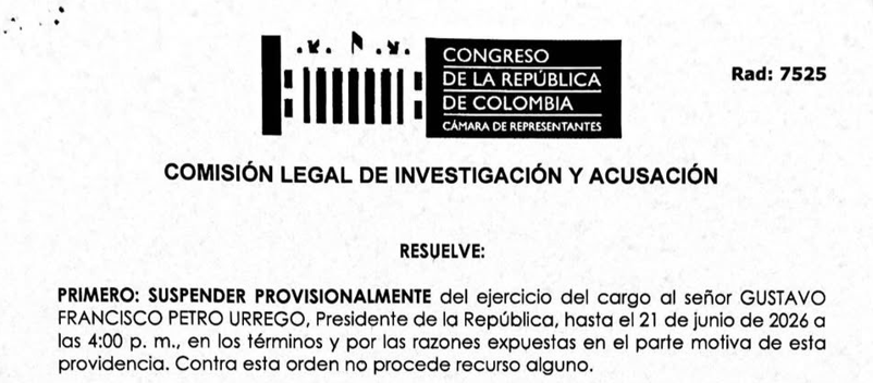 Medida busca inhabilitar a Gustavo Petro de sus funciones como presidente de Colombia