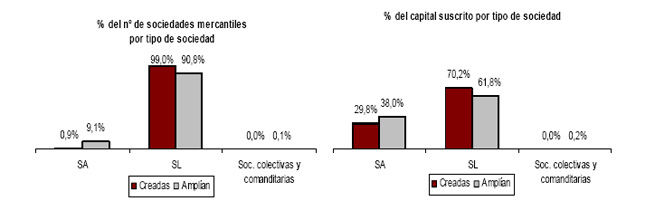 Porcentaje de sociedades mercantiles creadas en el ltimo ao segn capital. Fuente: INE