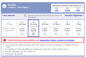 Precios para el billete de vuelta con British Airways. | Foto: Expansion.com