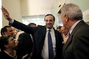 El lider del partido conservador Nueva Democracia, Antonis Samaras, gan con una victoria prrica del 18,88%. , Fuente: AFP Photo / Angelos Tzortzinis