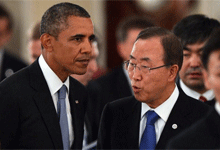 l presidente de Estados Unidos, Barack Obama (i), conversa con el secretario general de la ONU, Ban Ki-moon (d)