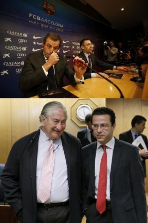 En la foto superior, Sandro Rosell y su sucesor en la presidencia del FC Barcelona, Jos Mara Bartomeu. En la inferior, el nuevo consejero de Sanidad de Madrid, Javier Rodrguez, junto al dimitido Javier Fernndez-Lasquetty.